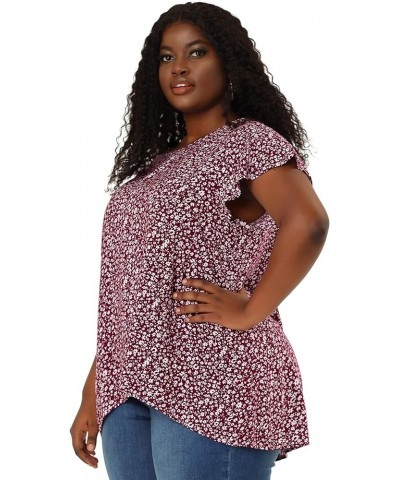 Plus Size Blouses for Women Flare Sleeve Round Neck Floral Print Ruffle Casual Blouse Top Valentine Day Burgundy $18.23 Blouses