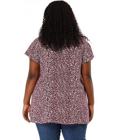 Plus Size Blouses for Women Flare Sleeve Round Neck Floral Print Ruffle Casual Blouse Top Valentine Day Burgundy $18.23 Blouses