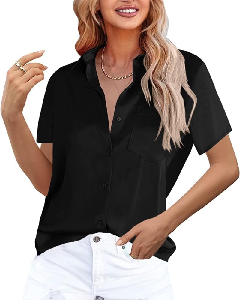 Women's Button Down Satin V Neck Shirts Silky Long Sleeve Office Work Blouse Business Plain Tops with Pocket 1-black $13.32 B...