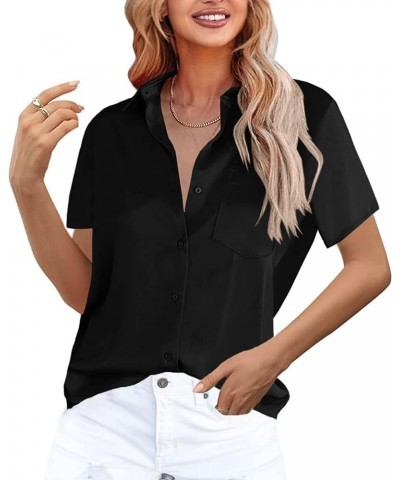 Women's Button Down Satin V Neck Shirts Silky Long Sleeve Office Work Blouse Business Plain Tops with Pocket 1-black $13.32 B...