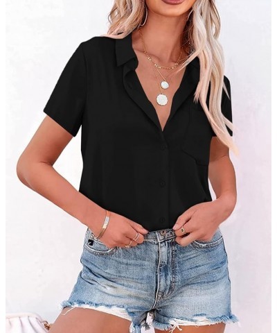 Women's Button Down Satin V Neck Shirts Silky Long Sleeve Office Work Blouse Business Plain Tops with Pocket 1-black $13.32 B...