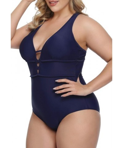 Women's Plus Size One Piece Swimsuits Bathing Suits for Women Sexy Halter Plunge Neck Swimsuit Lace Up Swimwear L-4XL Navy Bl...