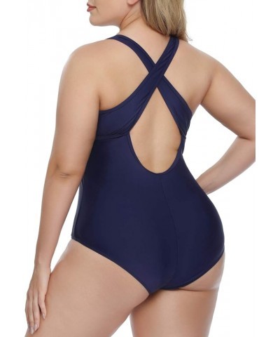 Women's Plus Size One Piece Swimsuits Bathing Suits for Women Sexy Halter Plunge Neck Swimsuit Lace Up Swimwear L-4XL Navy Bl...