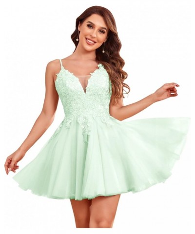 V Neck Homecoming Dreses for Teens Lace Applique A-Line Beaded Tulle Short CCocktail Prom Gown Mint Green $36.00 Dresses