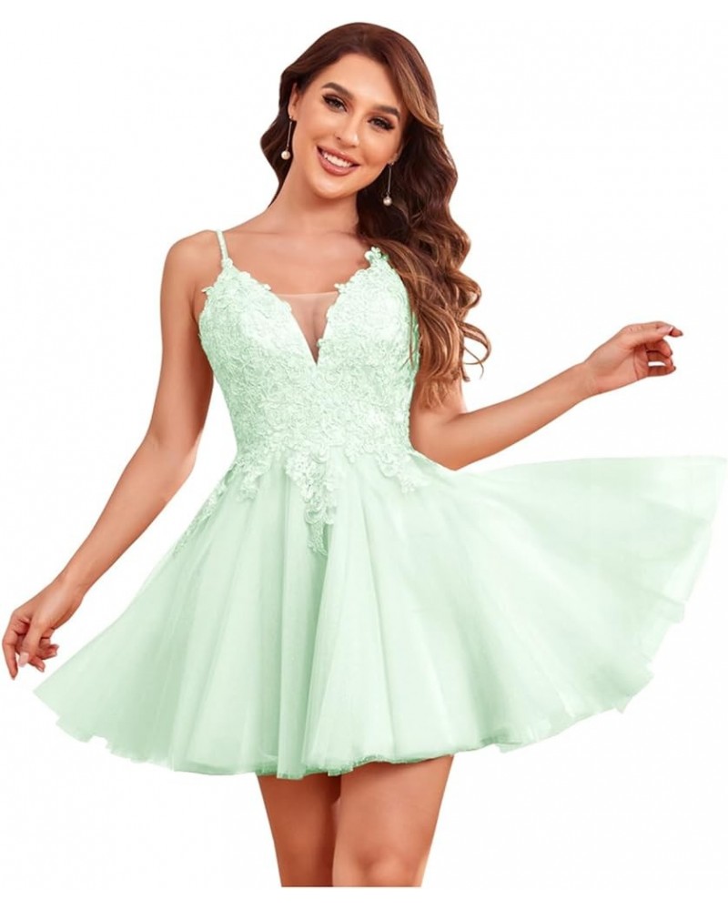 V Neck Homecoming Dreses for Teens Lace Applique A-Line Beaded Tulle Short CCocktail Prom Gown Mint Green $36.00 Dresses