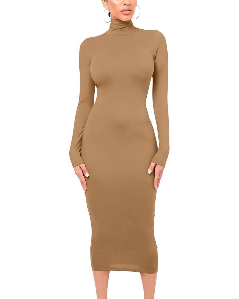 Women's Sexy Bodycon Club Party Long Sleeve Turtleneck Casual Midi Pencil Dress Khaki $14.55 Dresses