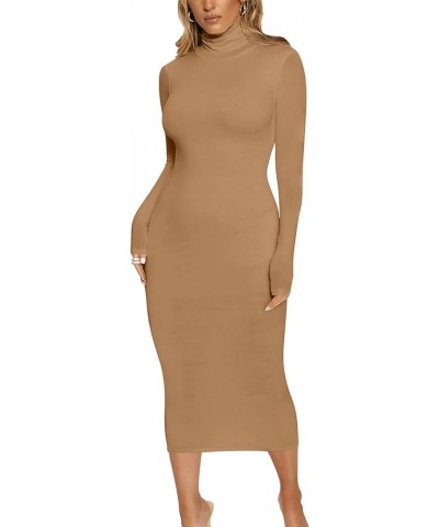 Women's Sexy Bodycon Club Party Long Sleeve Turtleneck Casual Midi Pencil Dress Khaki $14.55 Dresses