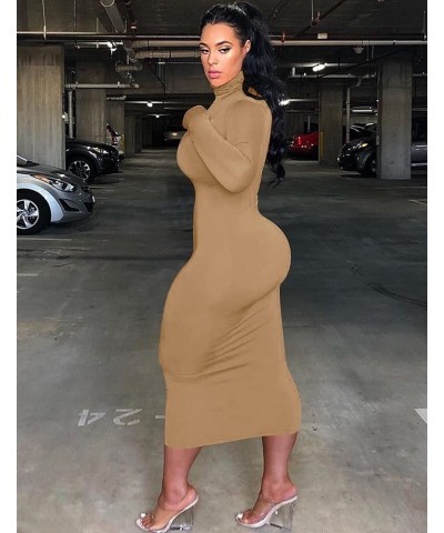 Women's Sexy Bodycon Club Party Long Sleeve Turtleneck Casual Midi Pencil Dress Khaki $14.55 Dresses