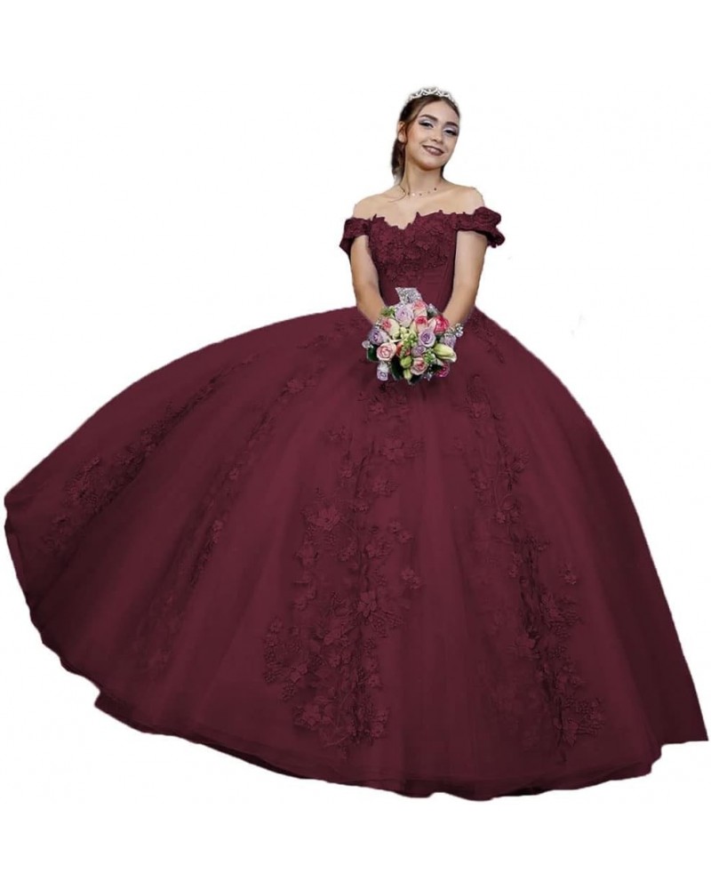 Off Shoulder Lace Quinceanera Dresses Ball Gown Puffy 3D Floral Prom Dress Princess Birthday Dress for 15 16 XF09 Burgundy De...