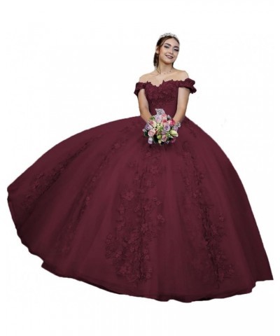 Off Shoulder Lace Quinceanera Dresses Ball Gown Puffy 3D Floral Prom Dress Princess Birthday Dress for 15 16 XF09 Burgundy De...