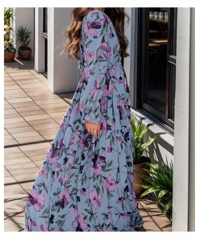 Womens Long Sleeve Maxi Dress Deep V Neck Floral Ankle Length Long Dresses Blue $16.72 Dresses