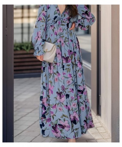 Womens Long Sleeve Maxi Dress Deep V Neck Floral Ankle Length Long Dresses Blue $16.72 Dresses