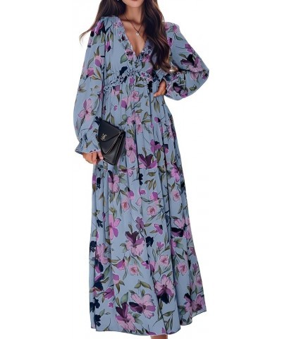 Womens Long Sleeve Maxi Dress Deep V Neck Floral Ankle Length Long Dresses Blue $16.72 Dresses