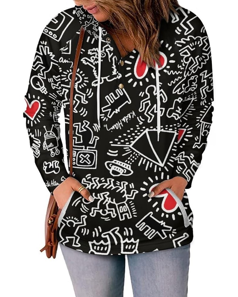 Womens Keith-Haring Button Tops Long Sleeve Hoodie Pullover Blouses Sweatshirt Style-3 $21.99 Hoodies & Sweatshirts