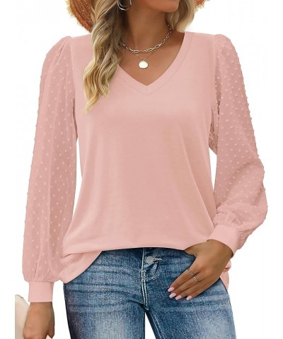 Women's Blouses Dressy Casual V Neck Top Swiss Dot Balloon Long Sleeve Shirts Light Pink $15.21 Blouses