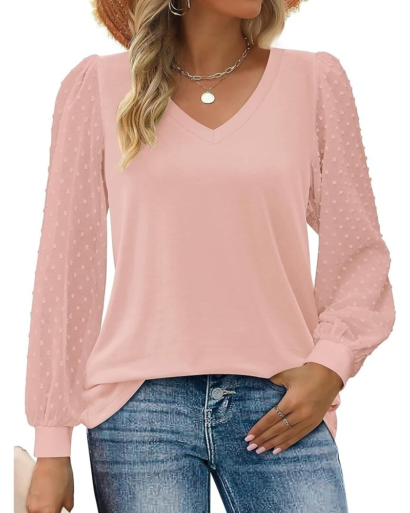 Women's Blouses Dressy Casual V Neck Top Swiss Dot Balloon Long Sleeve Shirts Light Pink $15.21 Blouses