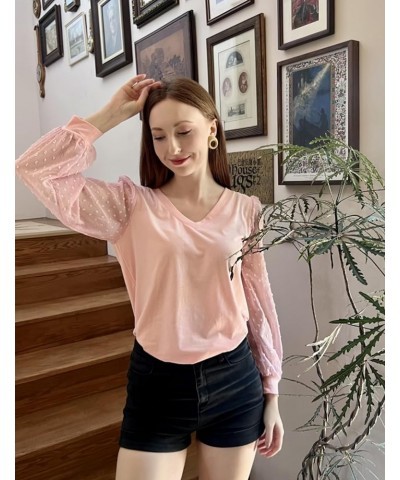 Women's Blouses Dressy Casual V Neck Top Swiss Dot Balloon Long Sleeve Shirts Light Pink $15.21 Blouses