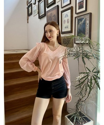 Women's Blouses Dressy Casual V Neck Top Swiss Dot Balloon Long Sleeve Shirts Light Pink $15.21 Blouses