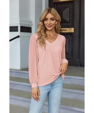 Women's Blouses Dressy Casual V Neck Top Swiss Dot Balloon Long Sleeve Shirts Light Pink $15.21 Blouses