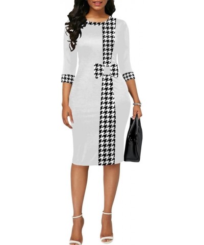 Women’s 3/4 Sleeve Round Neck Casual Houndstooth Bodycon Wear to Work Pencil Sheath Midi Dresses 11923 White $23.36 Dresses