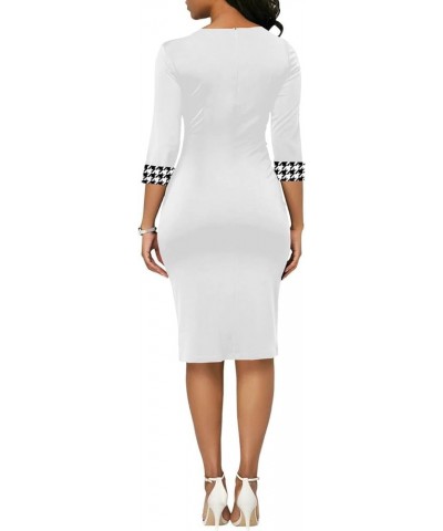 Women’s 3/4 Sleeve Round Neck Casual Houndstooth Bodycon Wear to Work Pencil Sheath Midi Dresses 11923 White $23.36 Dresses