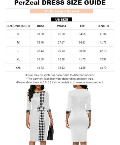 Women’s 3/4 Sleeve Round Neck Casual Houndstooth Bodycon Wear to Work Pencil Sheath Midi Dresses 11923 White $23.36 Dresses