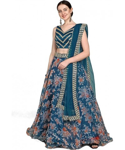 Womens Organza Digital Printed Indian Style Lehenga Choli Turquoise $38.99 Dresses