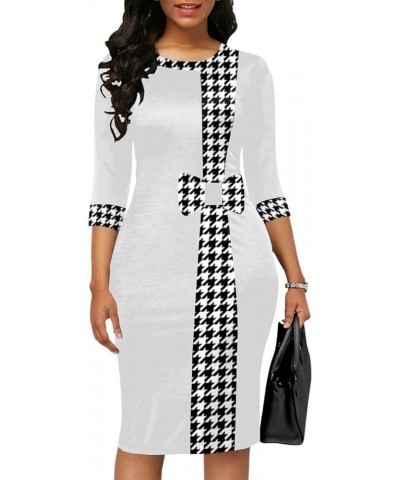 Women’s 3/4 Sleeve Round Neck Casual Houndstooth Bodycon Wear to Work Pencil Sheath Midi Dresses 11923 White $23.36 Dresses