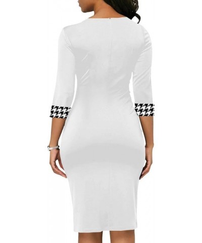 Women’s 3/4 Sleeve Round Neck Casual Houndstooth Bodycon Wear to Work Pencil Sheath Midi Dresses 11923 White $23.36 Dresses