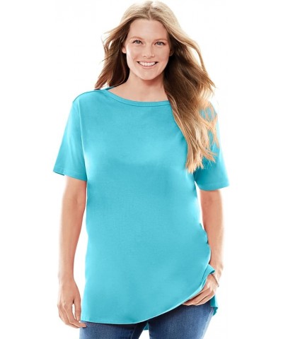 Women's Plus Size Perfect Short-Sleeve Boatneck Tunic Seamist Blue $11.23 Others