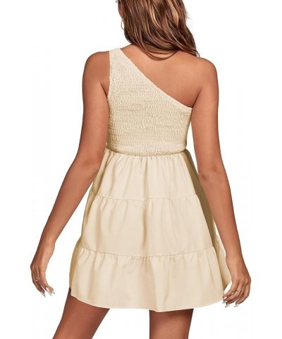 Women's One Shoulder Smocked Shirred Tiered Ruffle Sleeveless A-Line Mini Dress Light Beige $18.48 Dresses