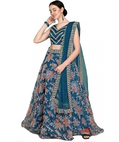 Womens Organza Digital Printed Indian Style Lehenga Choli Turquoise $38.99 Dresses