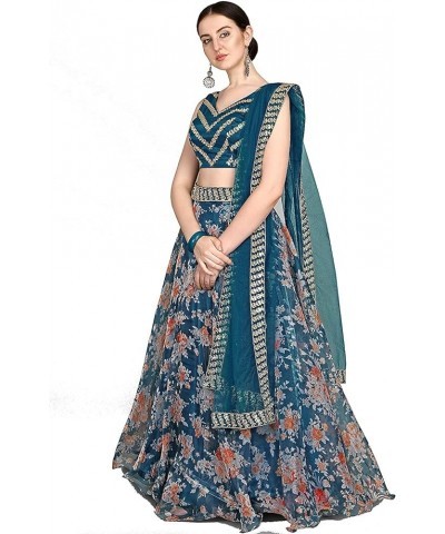 Womens Organza Digital Printed Indian Style Lehenga Choli Turquoise $38.99 Dresses