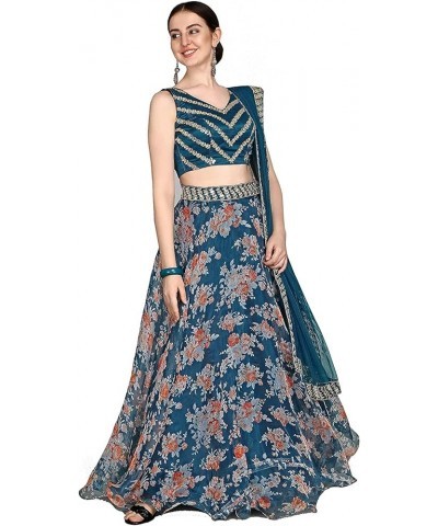 Womens Organza Digital Printed Indian Style Lehenga Choli Turquoise $38.99 Dresses