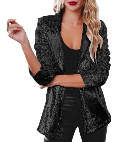 Women Sequins Blazer Sequin Jacket Casual Long Sleeve Glitter Party Shiny Lapel Coat Jacket Women Plus Size Black $14.43 Blazers