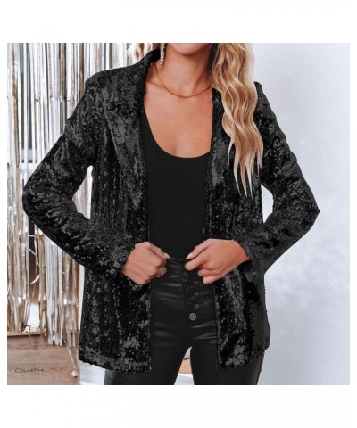 Women Sequins Blazer Sequin Jacket Casual Long Sleeve Glitter Party Shiny Lapel Coat Jacket Women Plus Size Black $14.43 Blazers