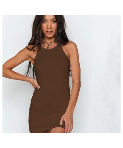 Women Solid Sleeveless Ribbed Knit Bodycon Dress Slim Racerback Tight Elastic Mini Tank Dress Coffee $14.49 Dresses