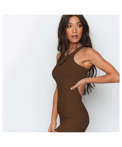 Women Solid Sleeveless Ribbed Knit Bodycon Dress Slim Racerback Tight Elastic Mini Tank Dress Coffee $14.49 Dresses