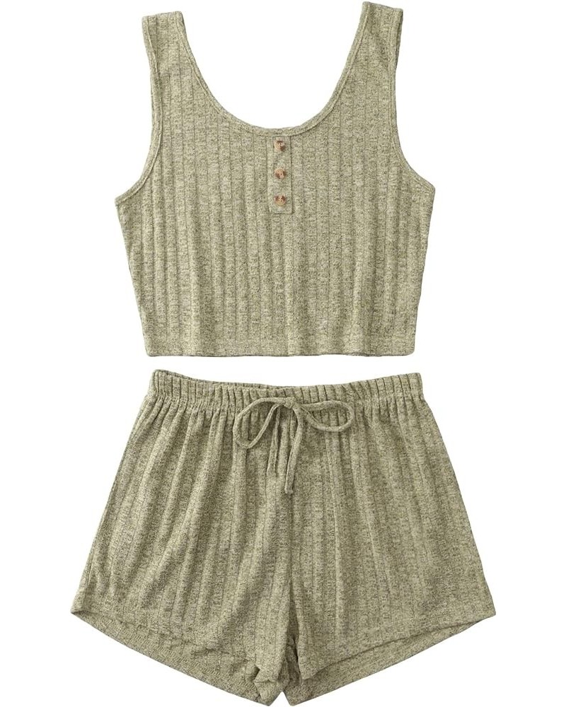 Women's Button Front Ribbed Knit Tank Top and Shorts Pajama Set Sleepwear Lounge Sets Lime Green $12.90 Sleep & Lounge