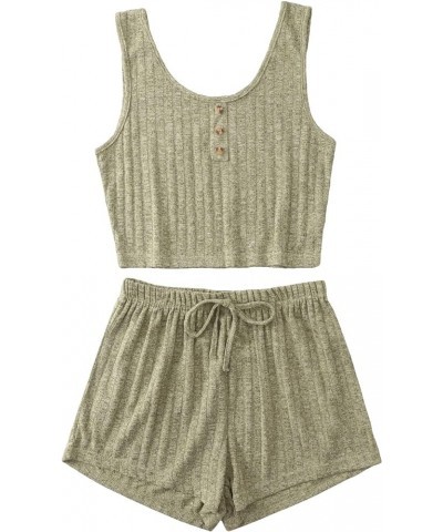 Women's Button Front Ribbed Knit Tank Top and Shorts Pajama Set Sleepwear Lounge Sets Lime Green $12.90 Sleep & Lounge