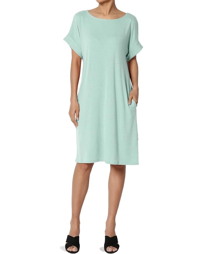 Women's Jersey Oversized-Fit Short-Sleeve Pocket Knee Length Midi T-Shirt Dress Light Green $13.43 Dresses