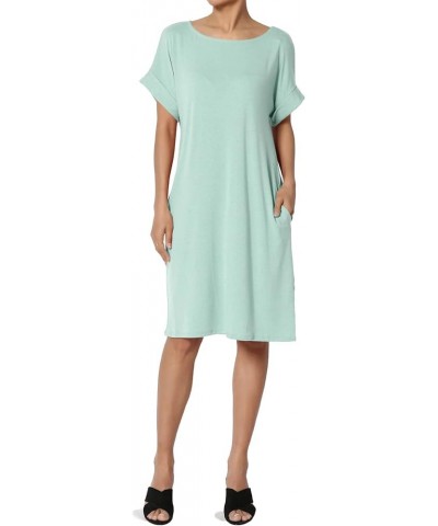 Women's Jersey Oversized-Fit Short-Sleeve Pocket Knee Length Midi T-Shirt Dress Light Green $13.43 Dresses