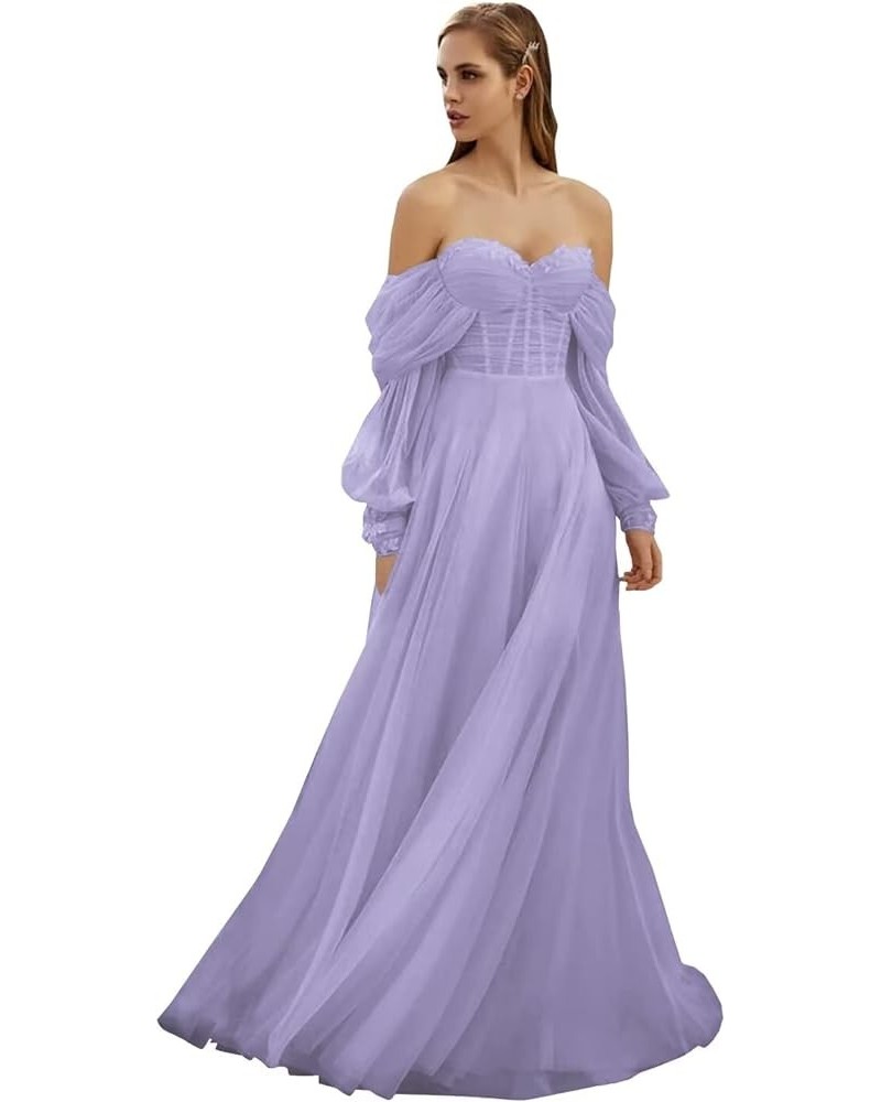 Women's Tulle Long Prom Dress Puffy Sleeve 2023 Off Shoulder Sweetheart Vintage Evening Party Gowns Lilac $32.40 Dresses