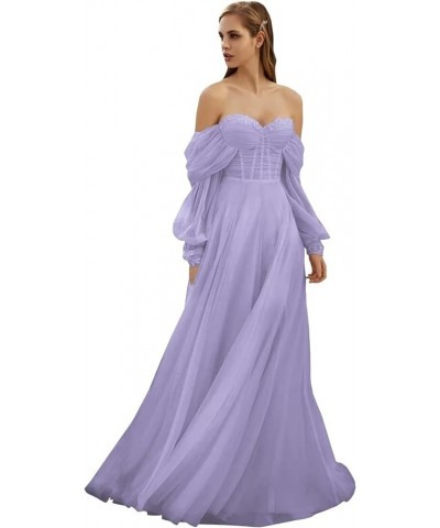 Women's Tulle Long Prom Dress Puffy Sleeve 2023 Off Shoulder Sweetheart Vintage Evening Party Gowns Lilac $32.40 Dresses