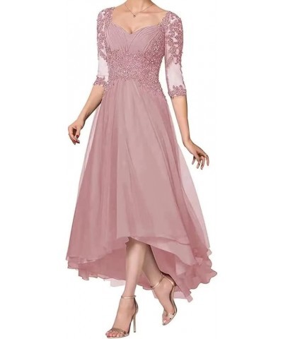 Tea Length Mother of The Bride Dresses with Sleeves Lace Appliques Chiffon Beaded Hi-Lo Formal Dress for Women Sage $39.74 Dr...