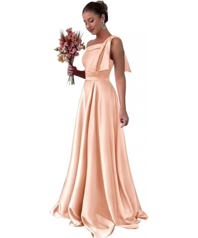 One Shoulder Satin Bridesmaid Dresses for Women Bow Strap Long Prom Evening Dress with Pockets Peach $35.20 Dresses