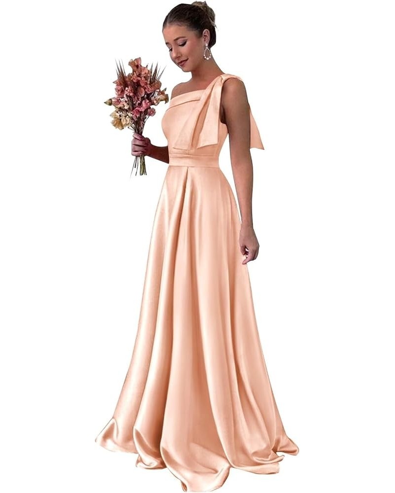 One Shoulder Satin Bridesmaid Dresses for Women Bow Strap Long Prom Evening Dress with Pockets Peach $35.20 Dresses