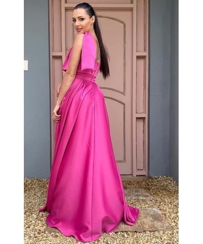 One Shoulder Satin Bridesmaid Dresses for Women Bow Strap Long Prom Evening Dress with Pockets Peach $35.20 Dresses