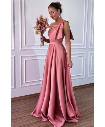 One Shoulder Satin Bridesmaid Dresses for Women Bow Strap Long Prom Evening Dress with Pockets Peach $35.20 Dresses