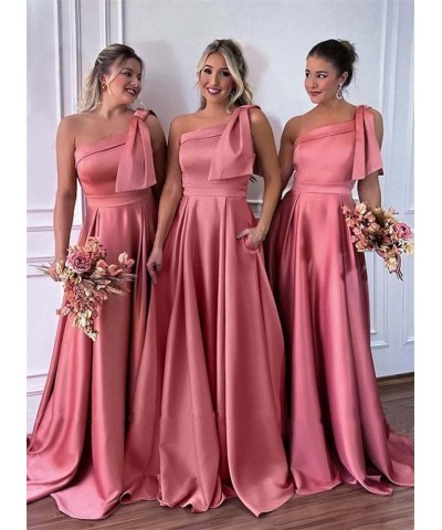 One Shoulder Satin Bridesmaid Dresses for Women Bow Strap Long Prom Evening Dress with Pockets Peach $35.20 Dresses